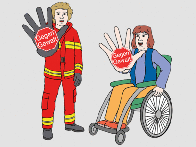Auf dem Foto sind ein DLRG-Mann und eine Frau in einem Rollstuhl. Beide strecken die Hand nach vorne. Sie machen eine Stopp-Bewegung. Auf den Händen von den beiden ist ein rotes Schild. Darauf steht "Gegen Gewalt".